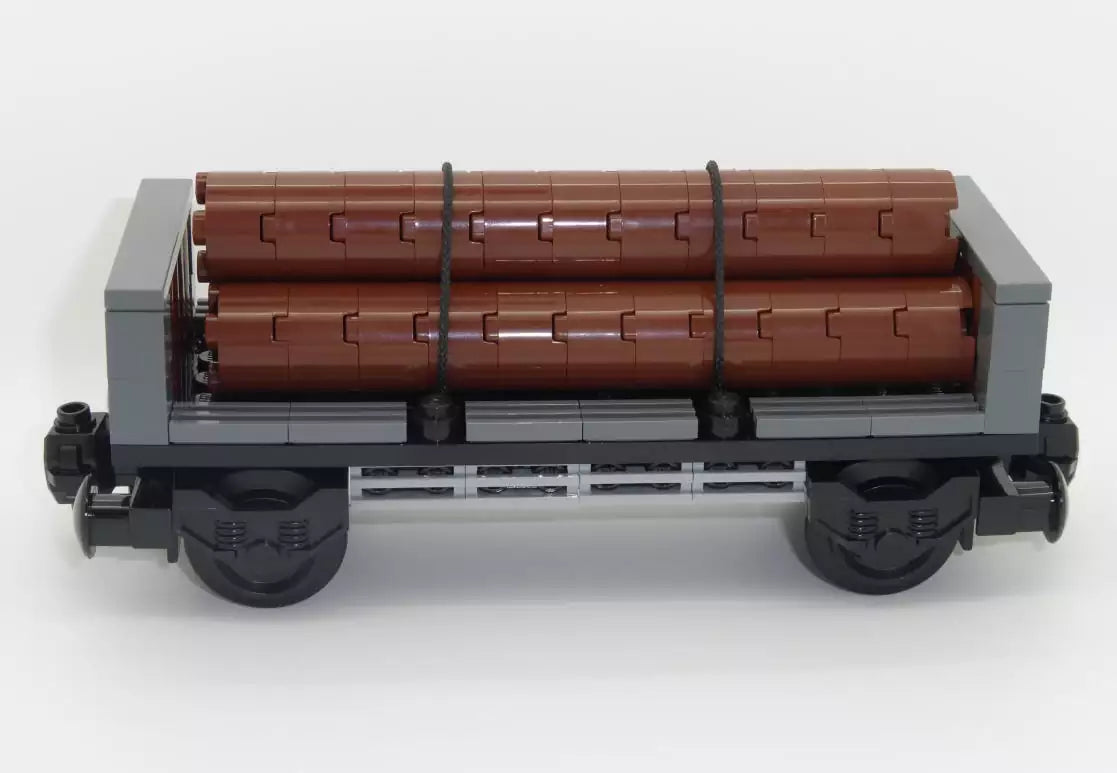 Custom LEGO Eisenbahn TRN103-02 Holzwaggon mit 3 Baumstämmen (fertig aufgebaut)