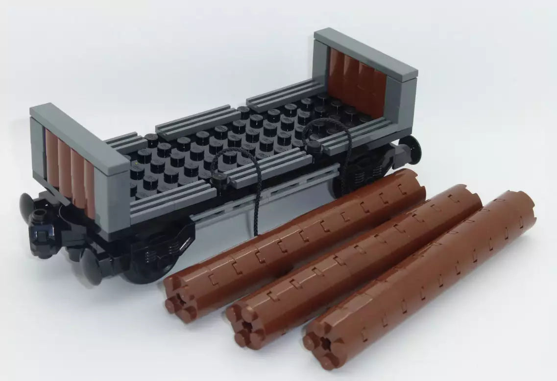 Custom LEGO Eisenbahn TRN103-02 Holzwaggon mit 3 Baumstämmen (fertig aufgebaut)
