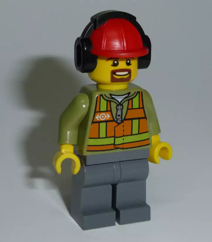 LEGO City Minifiguren TRN238  Bahnarbeiter mit Henrique-Bart, olivgrüne Jacke, Helm mit Gehörschutz