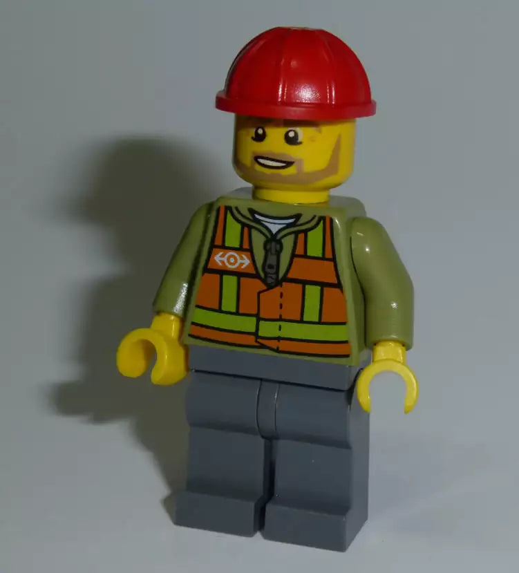 LEGO City Minifiguren TRN239 Bahnarbeiter mit Vollbart, olivgrüne Jacke und Helm